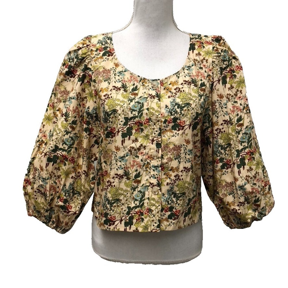 Meadows Puff Sleeve Blouse Top Womens 4 Cropped Earthy Romantic Boho Organic